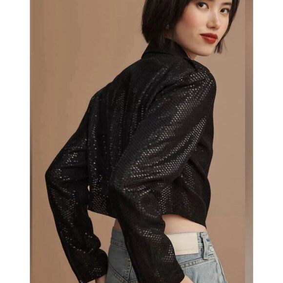 By Anthropologie Sequin Cropped Black Moto Jacket Size Large NWT - Picture 3 of 15